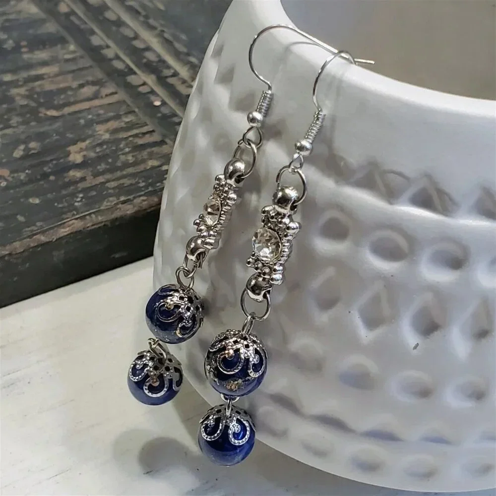 Handcrafted Lapis Lazuli Gemstone Lacy Silver Clear Crystal Dangle Earrings